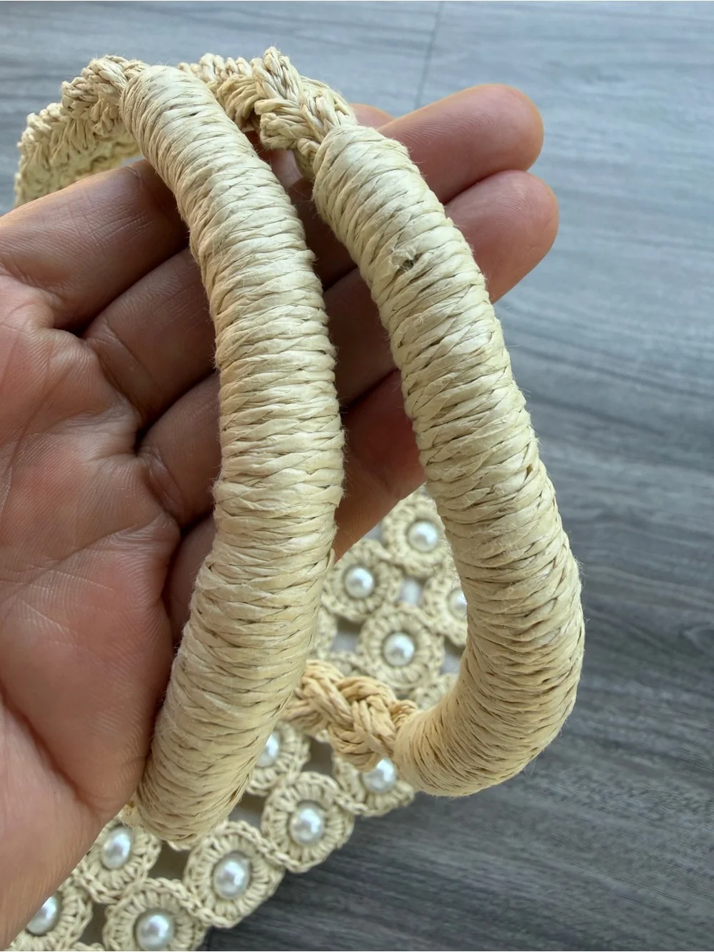 Haute Hippie Style Crochet Pearl Tote Bag Cream Woven Macrame Raffia Purse
